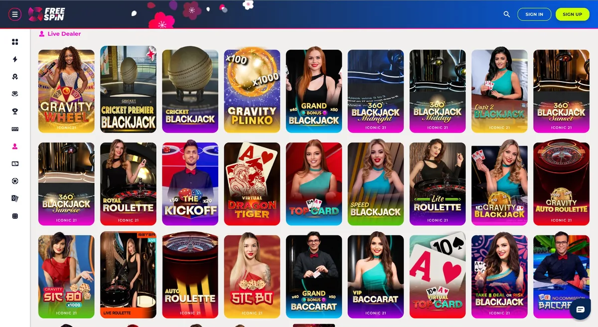 Free Spin Casino live dealer games including Blackjack, Roulette, Baccarat, Sic Bo and Plinko available to Georgia players