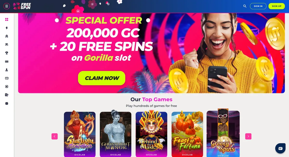 Free Spin Casino homepage showing the 200,000 GC sign-up offer and top games available to Georgia players